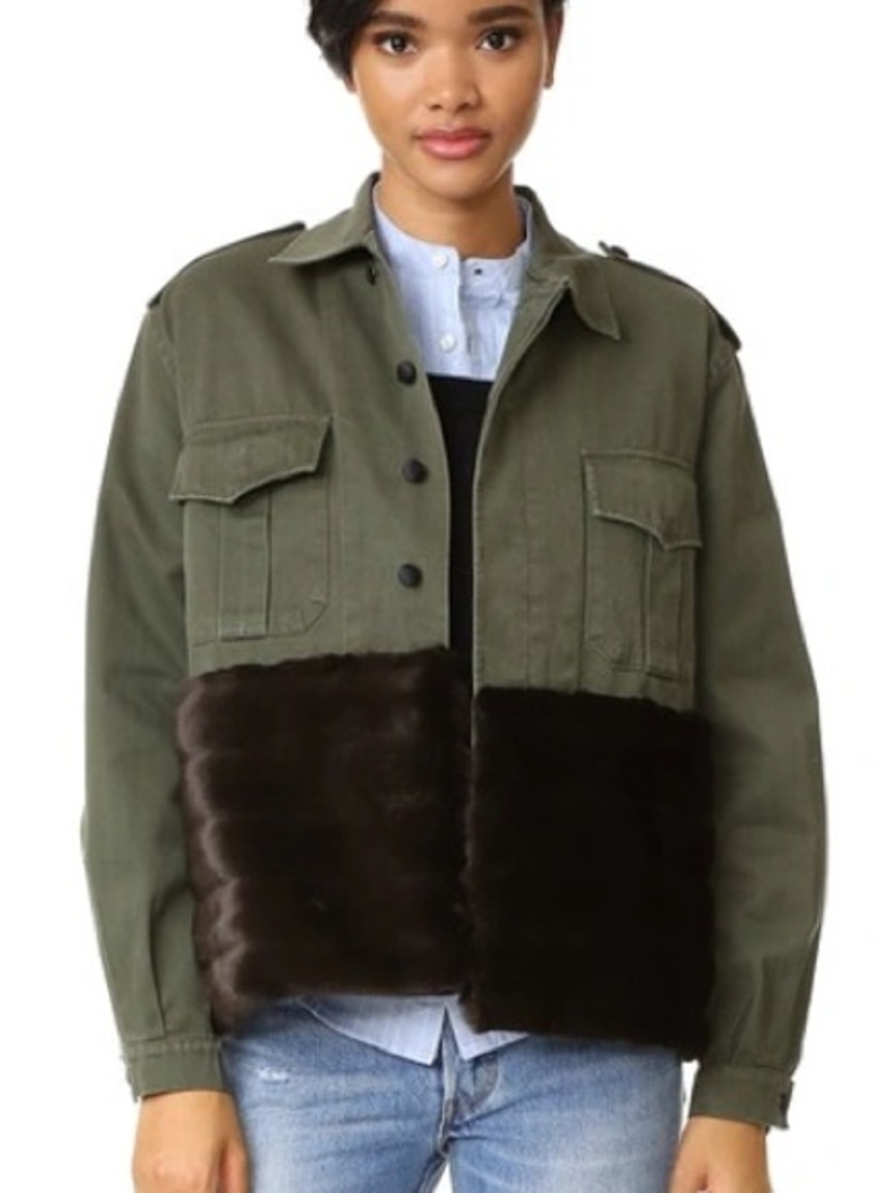 Olive Green Utility Jacket with Dark Brown Fur Panel